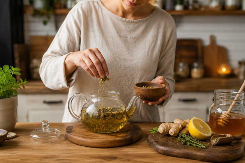 Persona preparando una infusión para la tos con hierbas y miel en la cocina de su hogar.