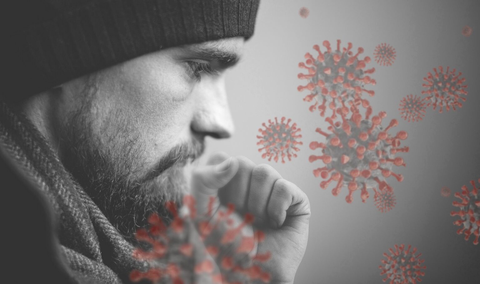 Persona tosiendo mientras una ilustración representa la presencia de infecciones respiratorias relacionadas con la tos.