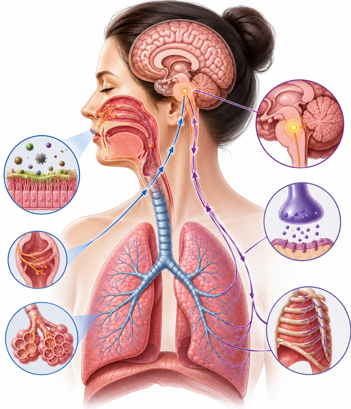 Ilustración del sistema respiratorio señalando el centro nervioso de la tos, relacionado con la acción de los antitusivos.