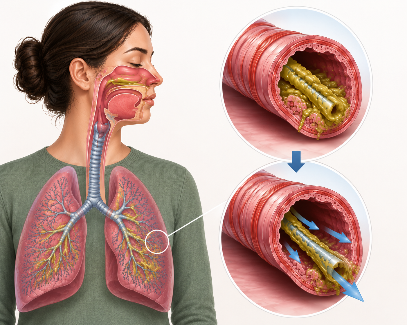 Vías respiratorias representadas de forma ilustrativa, mostrando la acumulación de moco que motiva el uso de un mucolítico.
