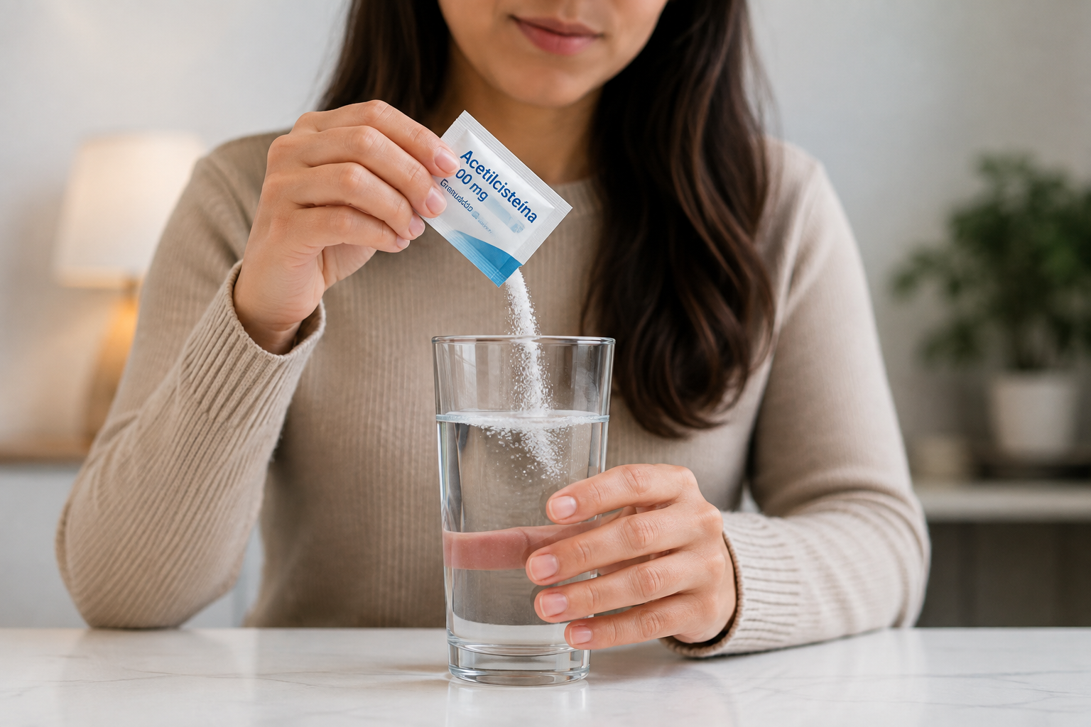 Persona sosteniendo un vaso de agua con un sobre de medicamento en polvo, ilustrando cómo se prepara la acetilcisteína en solución oral.