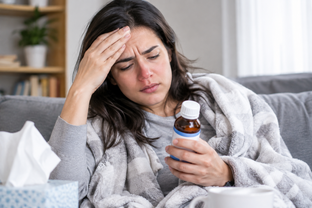Persona con fiebre y malestar por influenza tipo A sostiene un jarabe para la tos.