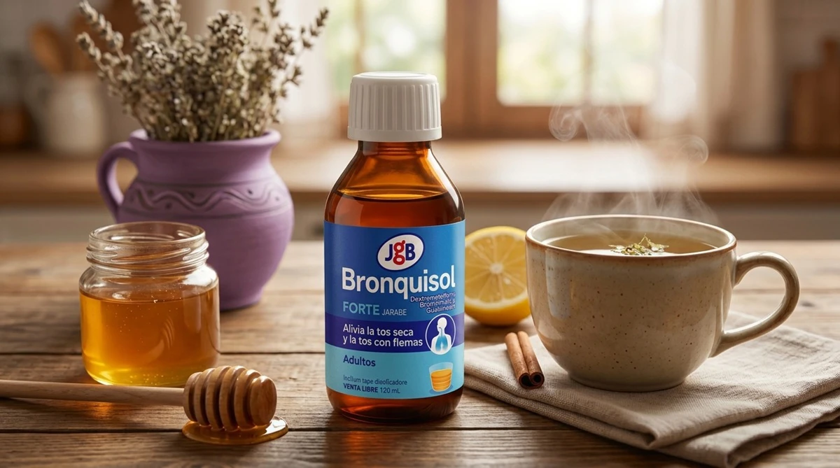 Frasco de Bronquisol FORTE de 120 ml junto a miel natural y una infusión tibia