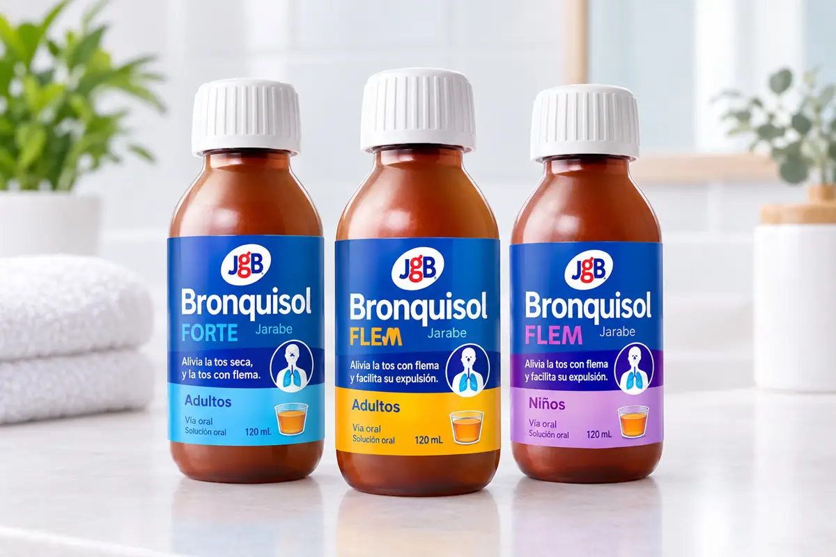 Presentaciones Bronquisol FORTE, FLEM Adultos y FLEM Niños una junto a otra.